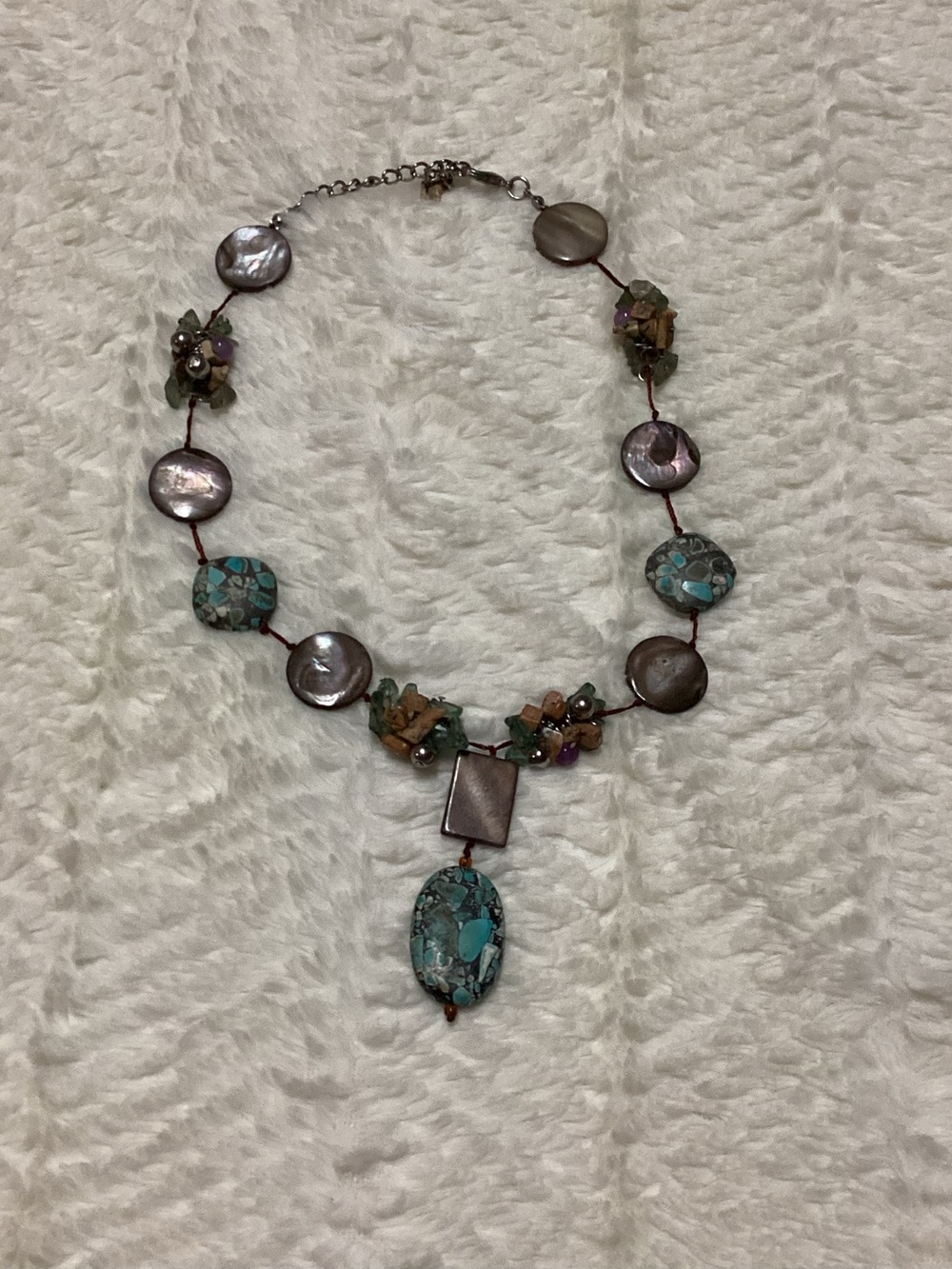 Composite turquoise, mother-of-pearl, gemstone cluster, Beaded Necklace